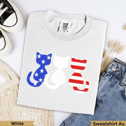 White t-shirt with three cat silhouettes, two with American flag pattern.