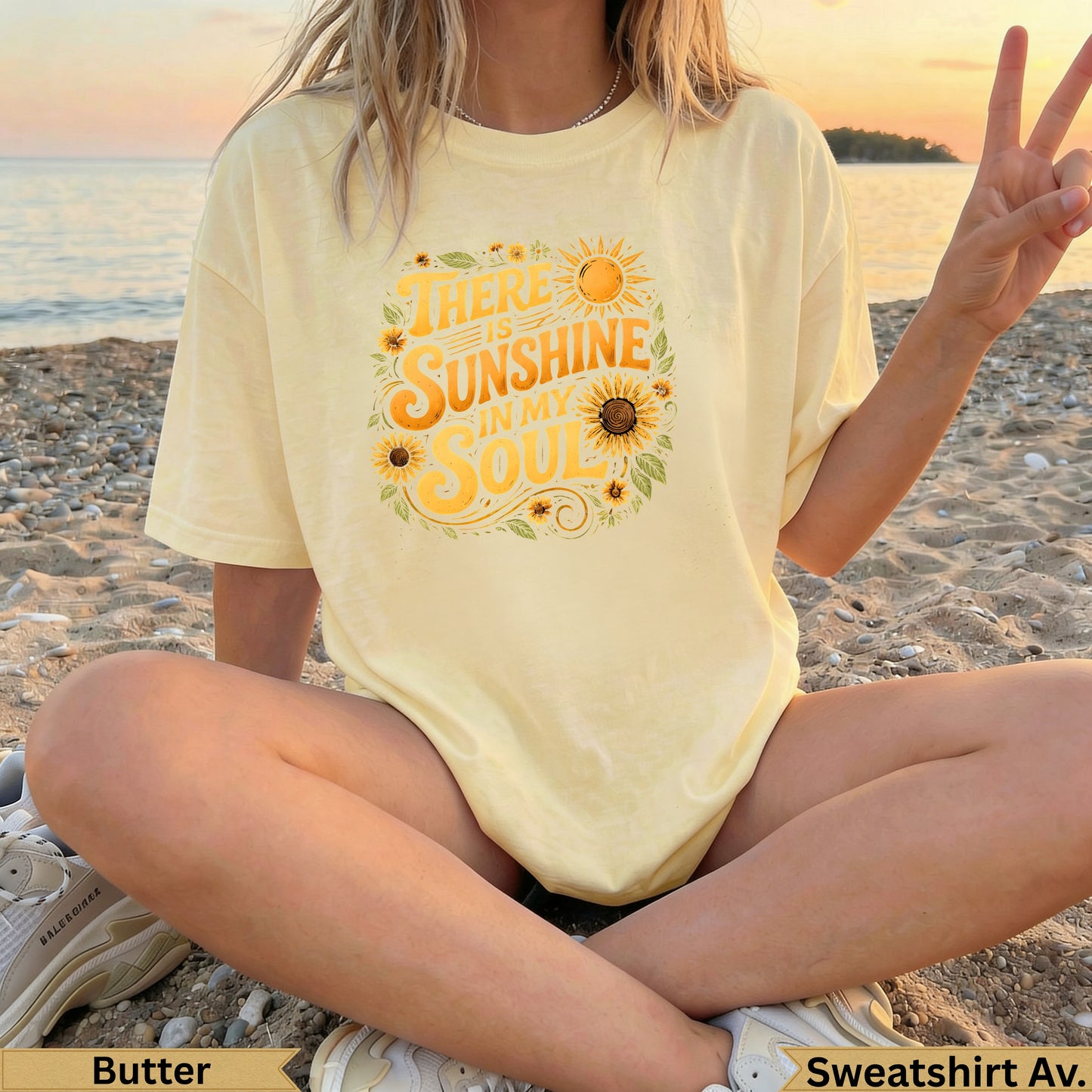 Yellow t-shirt with "There is Sunshine in My Soul" graphic and sunflowers.