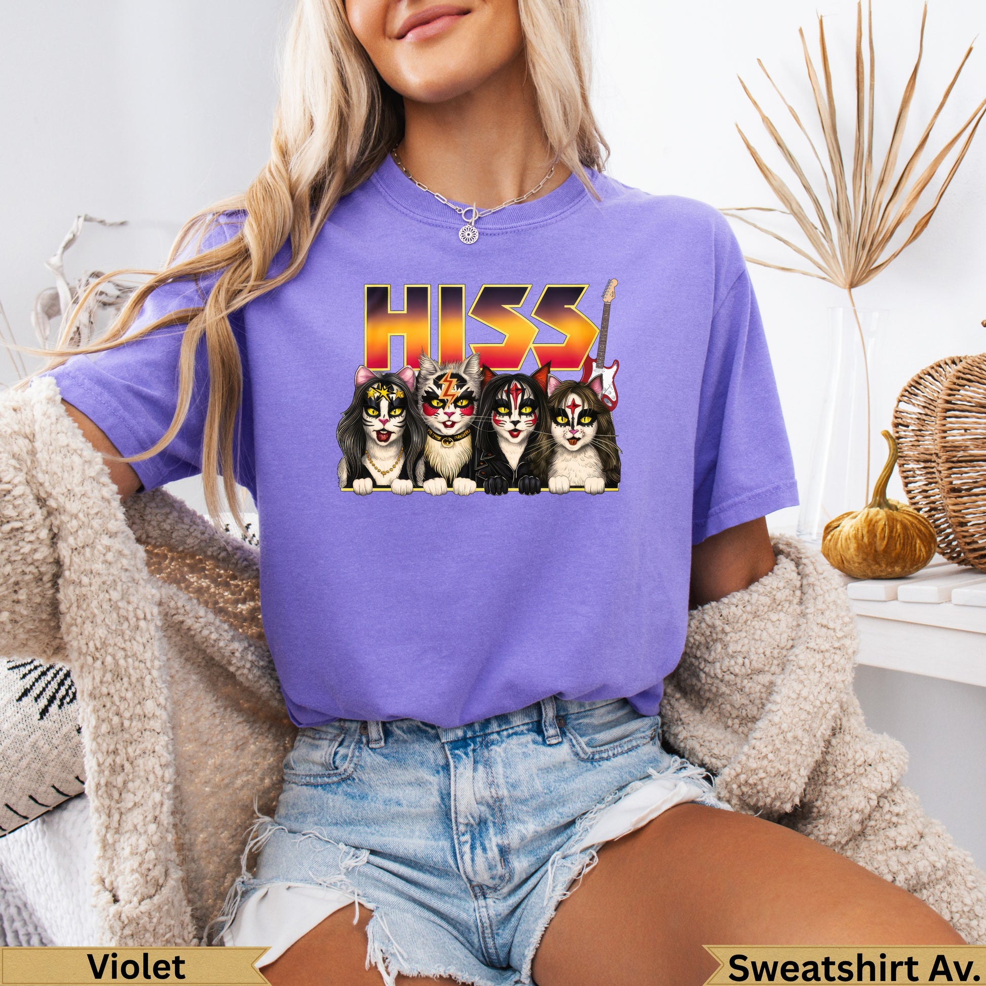 T-shirt with HISS band logo and four cartoon cats in rock star makeup.