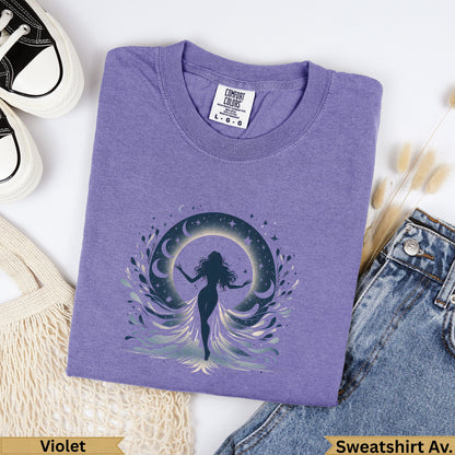 Purple Comfort Colors sweatshirt with celestial woman graphic.