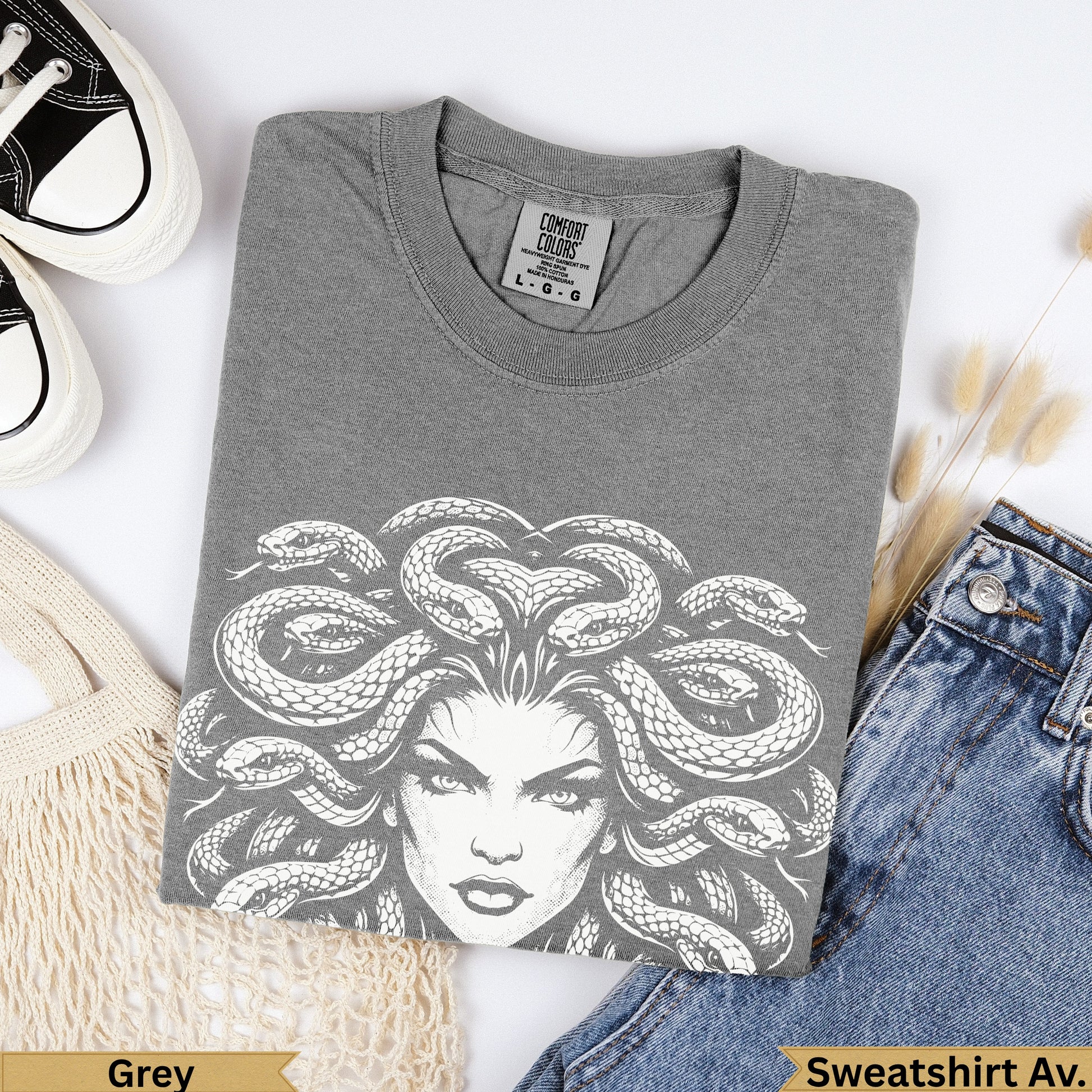 Grey Comfort Colors heavyweight garment-dyed sweatshirt with Medusa graphic.
