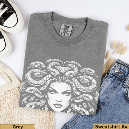 Grey Comfort Colors heavyweight garment-dyed sweatshirt with Medusa graphic.