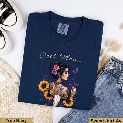 Navy sweatshirt with "Cool Moms" text and a woman with floral tattoos.