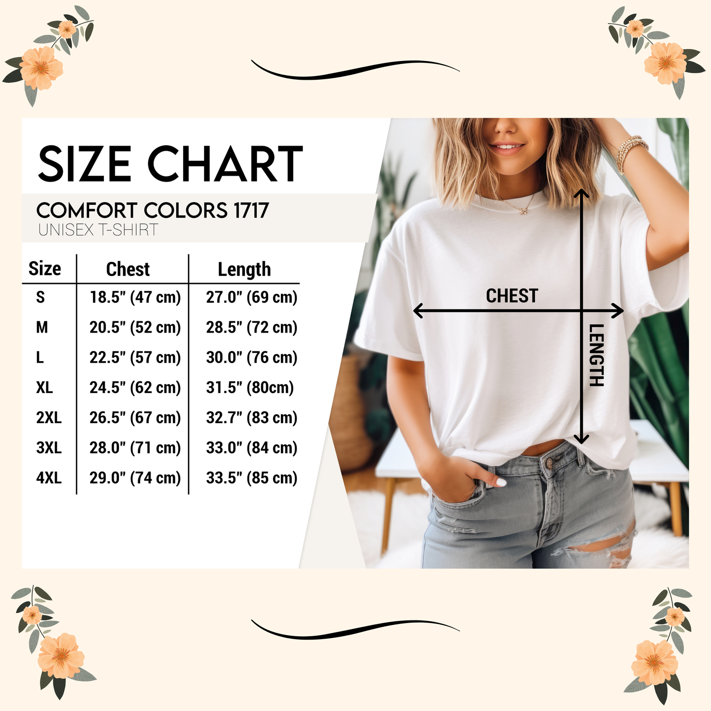 Comfort Colors 1717 unisex t-shirt size chart with chest and length measurements.