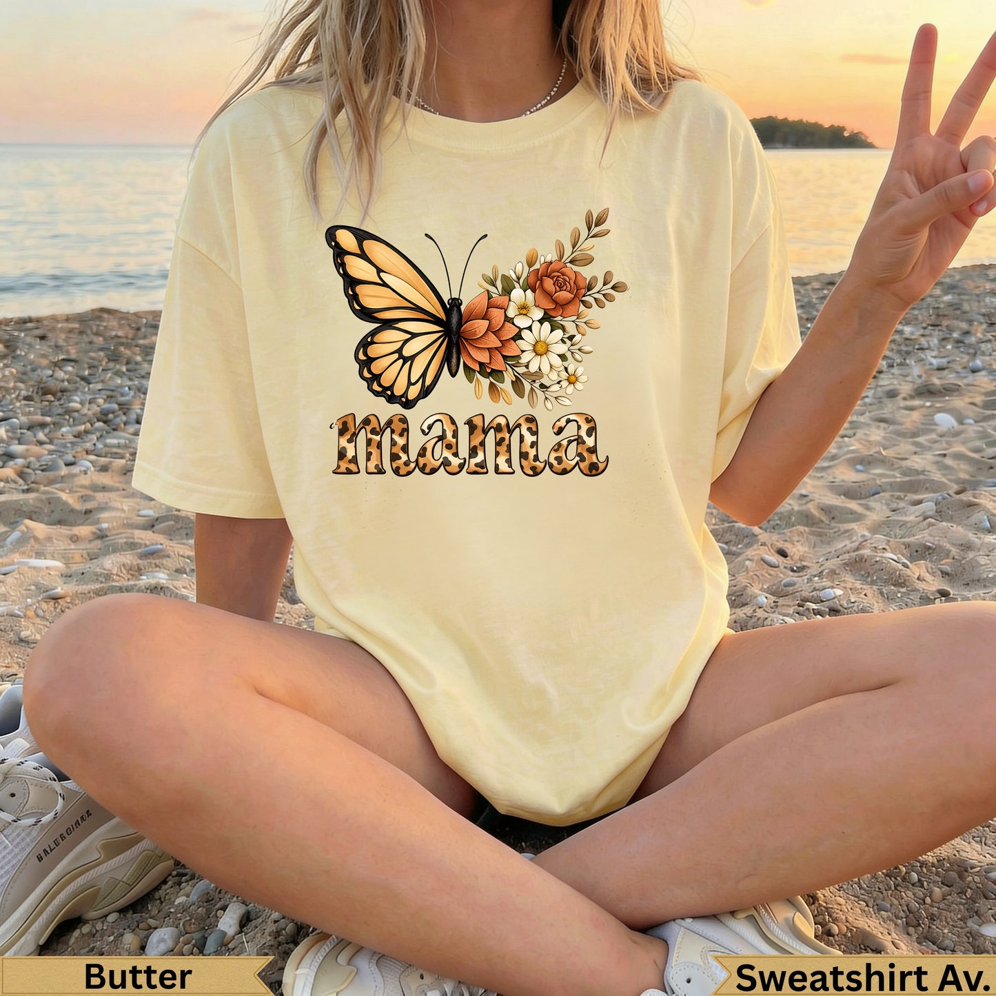 Light yellow t-shirt with butterfly and floral graphic, "mama" text.