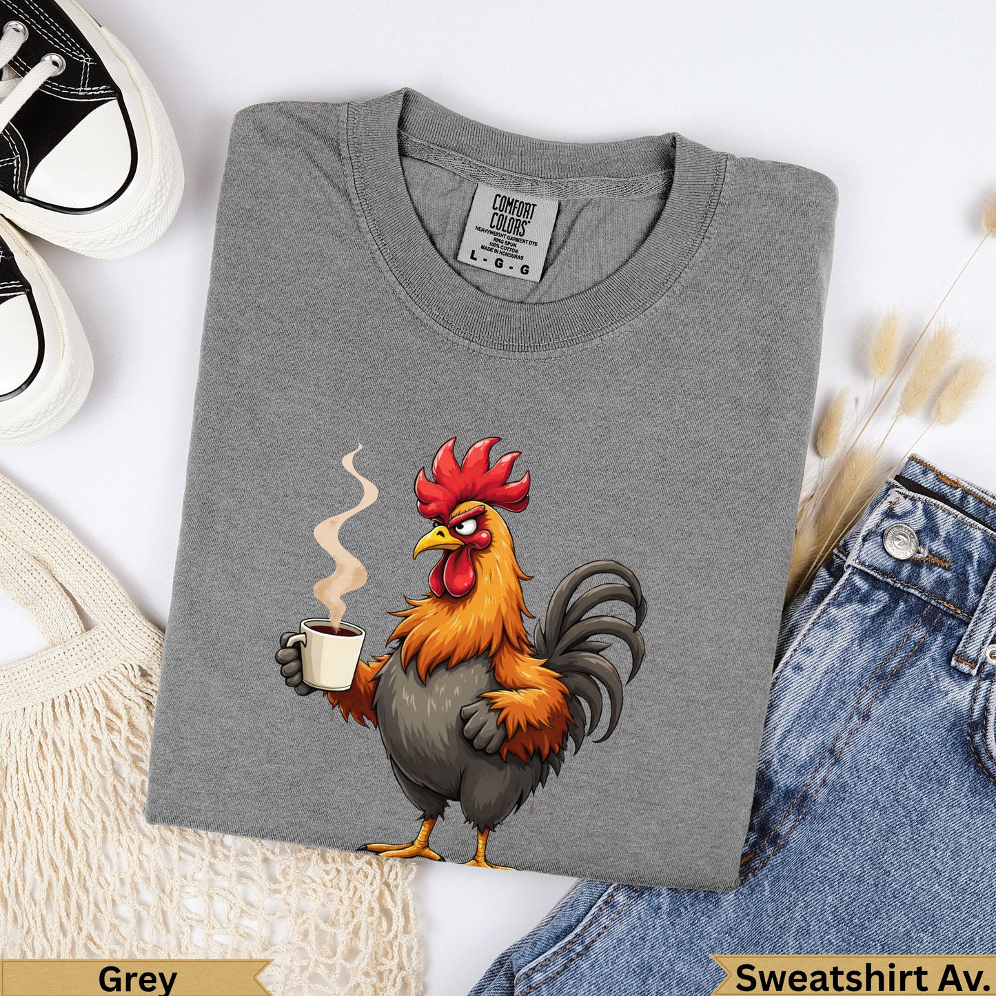Grey crewneck sweatshirt with a cartoon rooster holding a coffee cup.