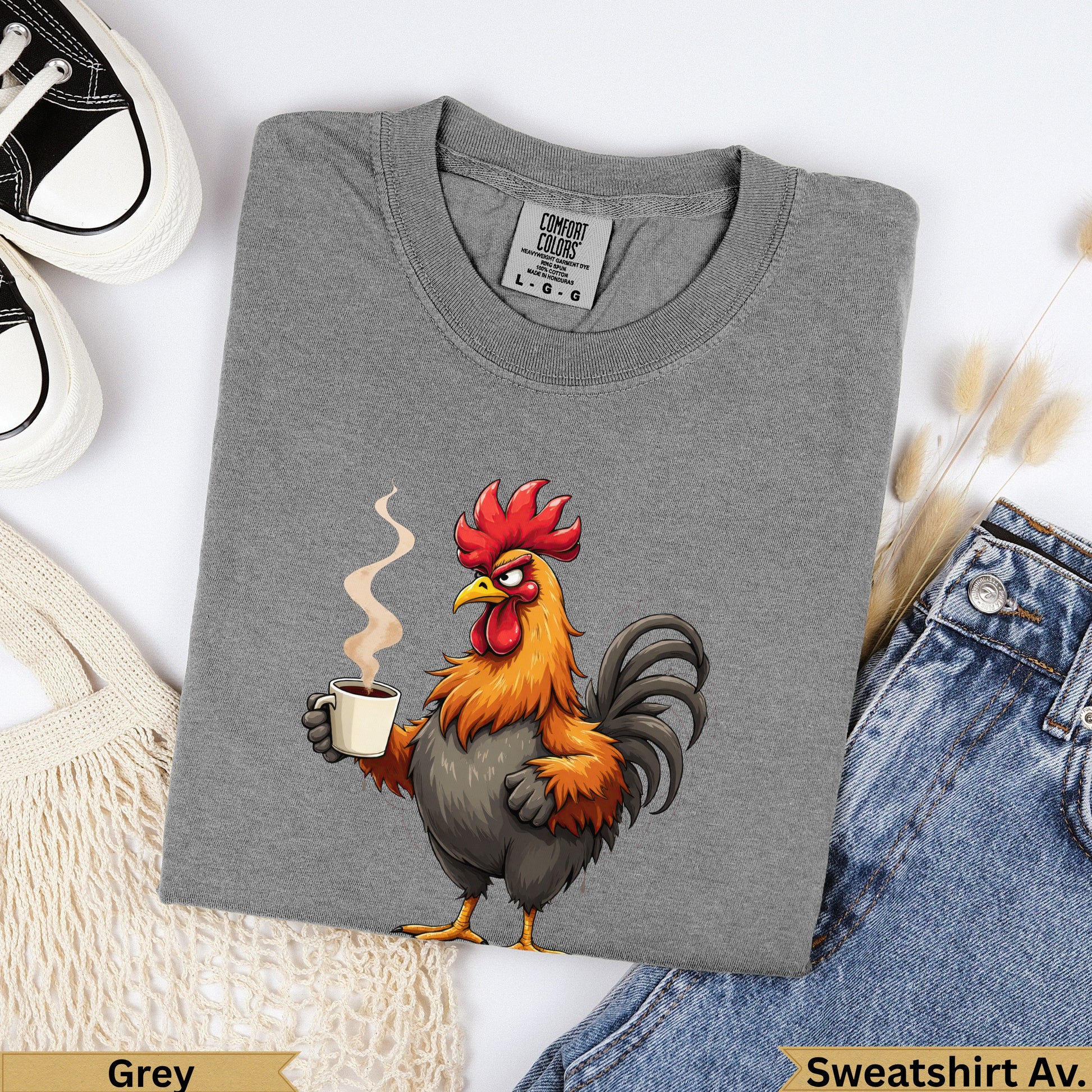 Grey crewneck sweatshirt with a cartoon rooster holding a coffee cup.