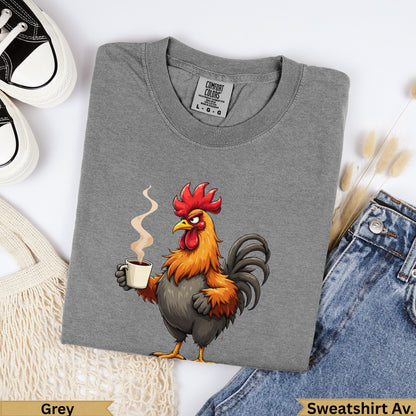 Grey crewneck sweatshirt with a cartoon rooster holding a coffee cup.