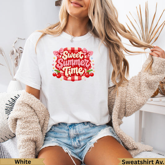 White t-shirt with "Sweet Summer Time" text, cherries, and pink bows.