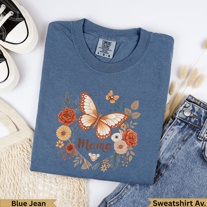 Blue sweatshirt with a butterfly and floral design, reading "Mama".