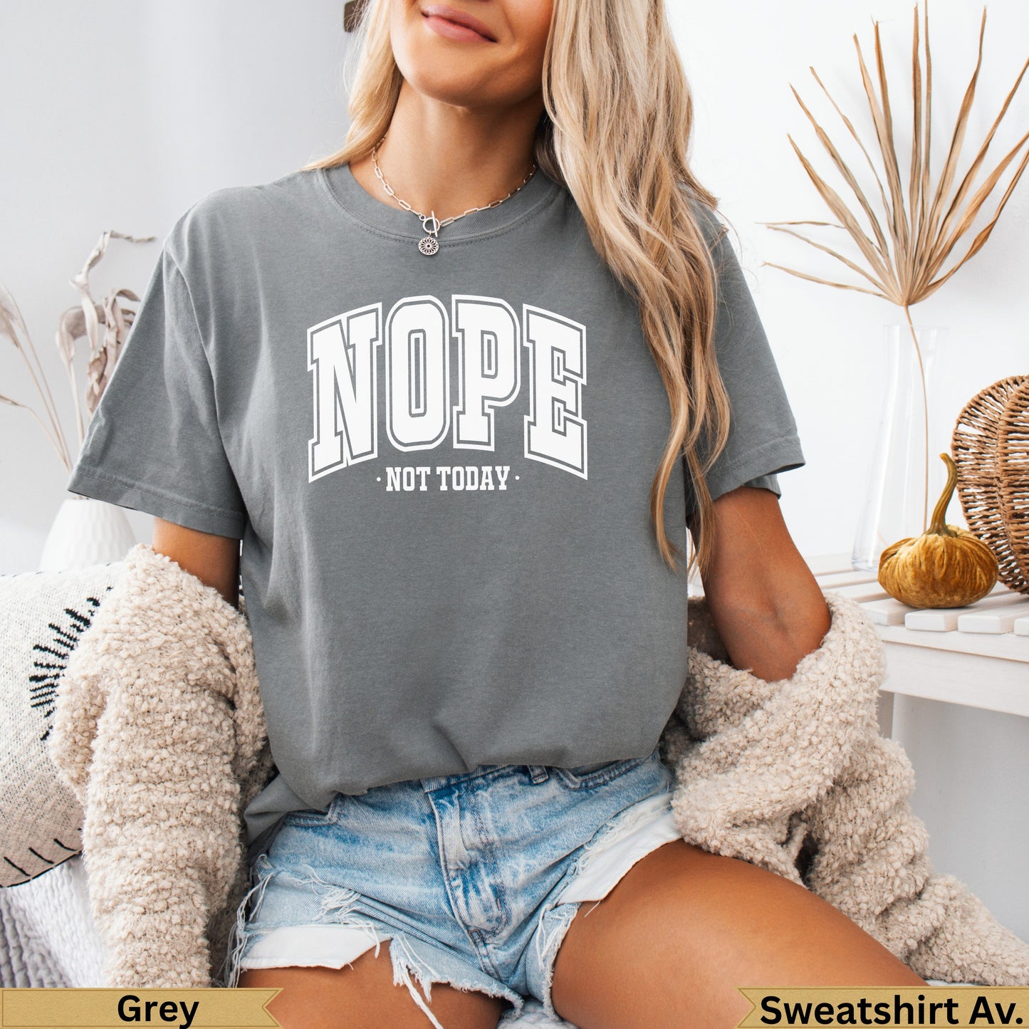 Grey t-shirt with "NOPE NOT TODAY" in white lettering.