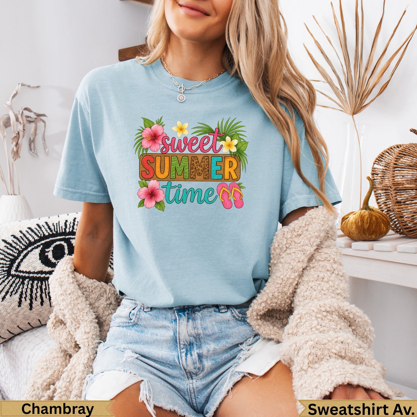 Light blue t-shirt with "Sweet Summer Time" text and tropical graphics.