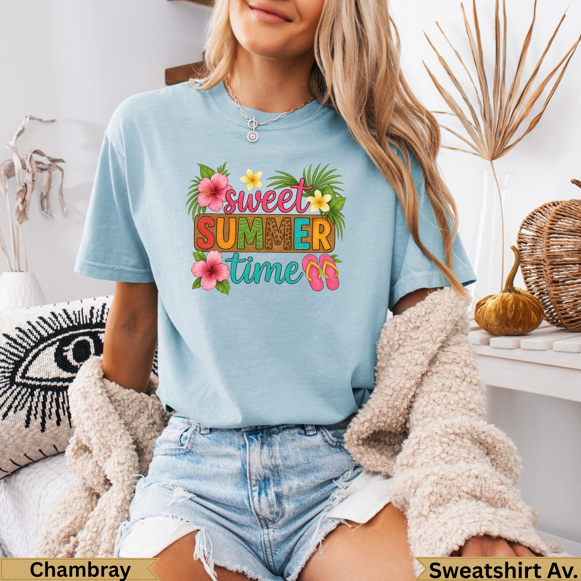 Light blue t-shirt with "Sweet Summer Time" text and tropical graphics.