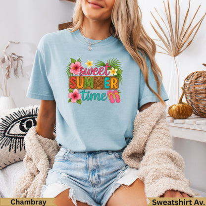 Light blue t-shirt with "Sweet Summer Time" text and tropical graphics.
