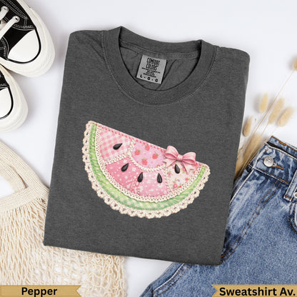 Dark gray sweatshirt with a pink watermelon slice graphic and text "Pepper".
