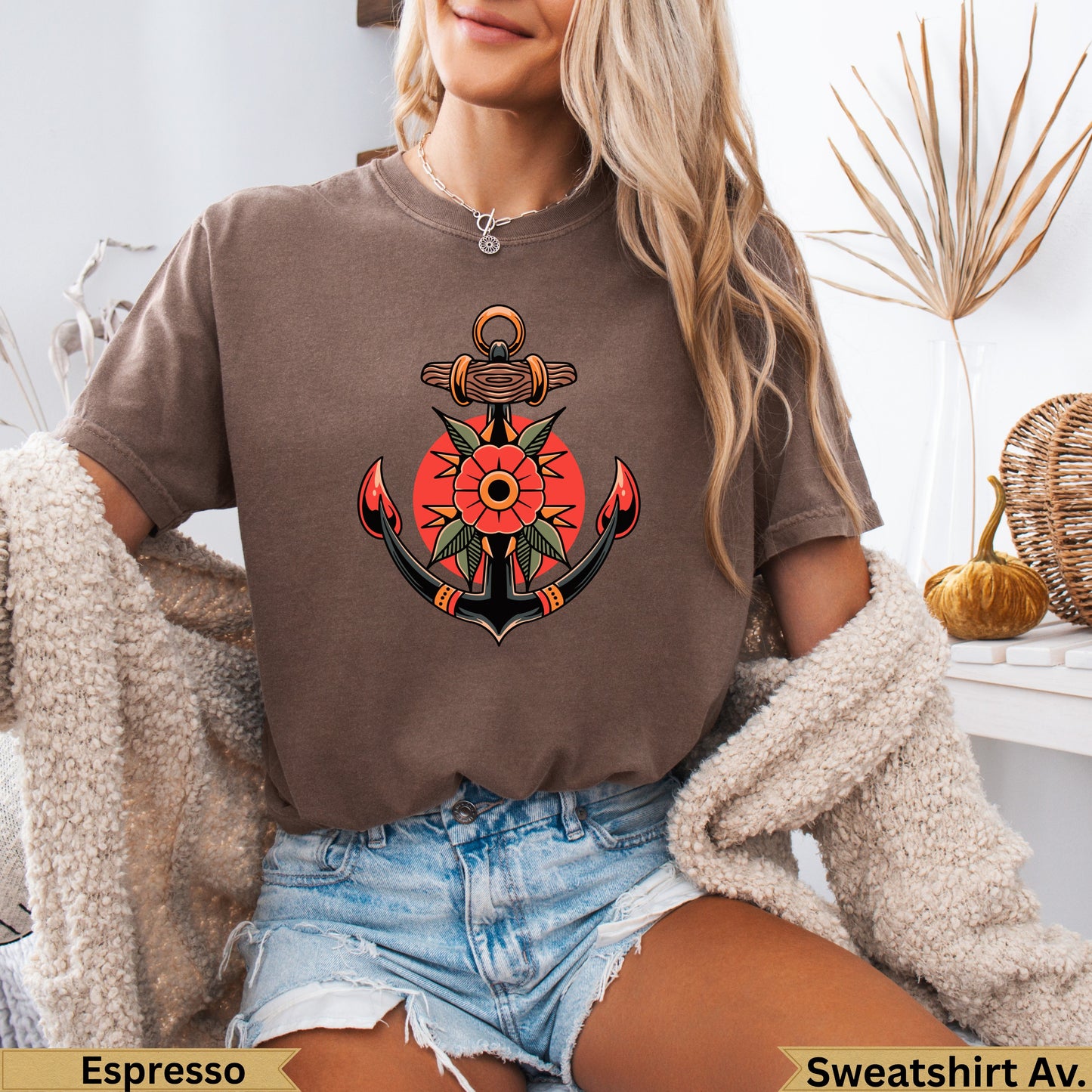 Brown t-shirt with a red and black anchor and flower tattoo design.