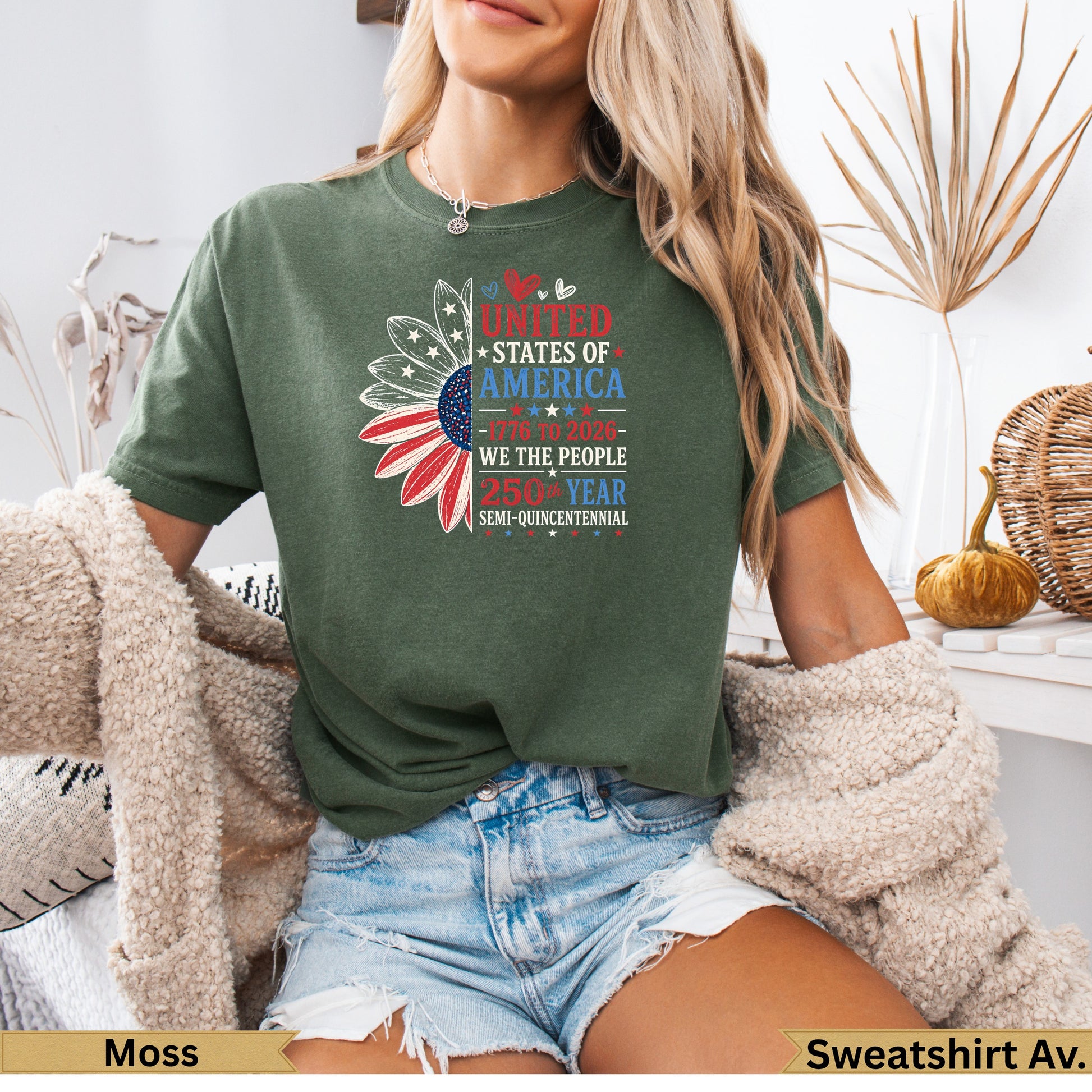 Green graphic t-shirt with "250 Year Semi-Quincentennial" and patriotic sunflower.