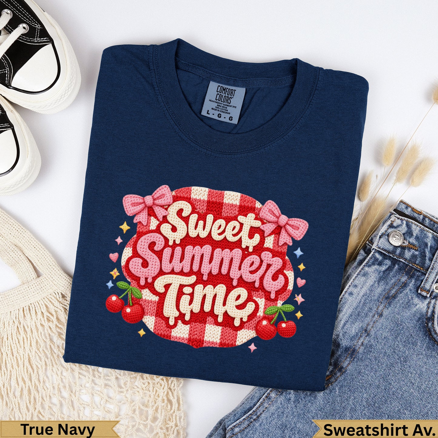 Navy sweatshirt with "Sweet Summer Time" cherry and bow graphic.