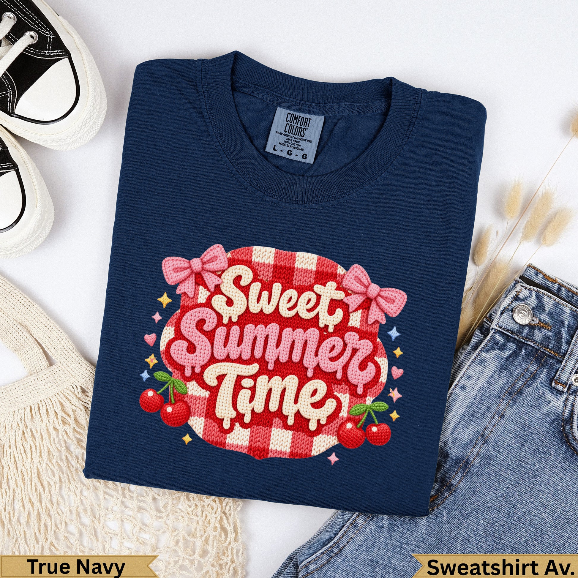 Navy sweatshirt with "Sweet Summer Time" cherry and bow graphic.
