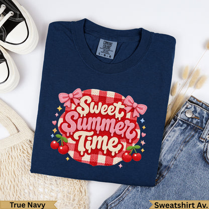Navy sweatshirt with "Sweet Summer Time" cherry and bow graphic.