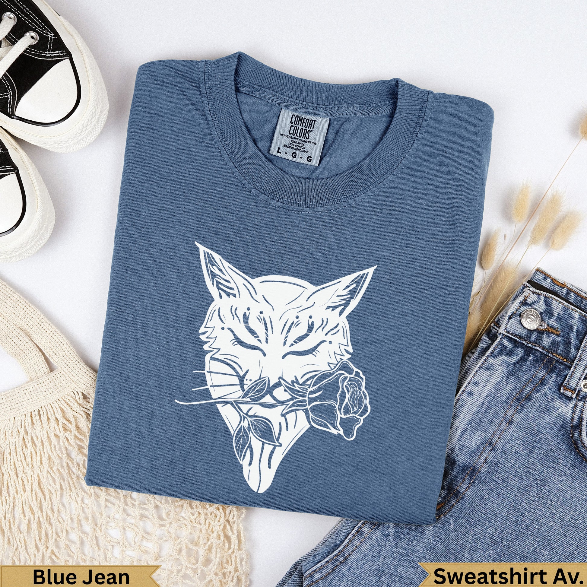 Blue Jean Comfort Colors sweatshirt with white fox and rose graphic.