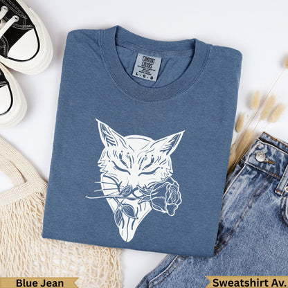Blue Jean Comfort Colors sweatshirt with white fox and rose graphic.