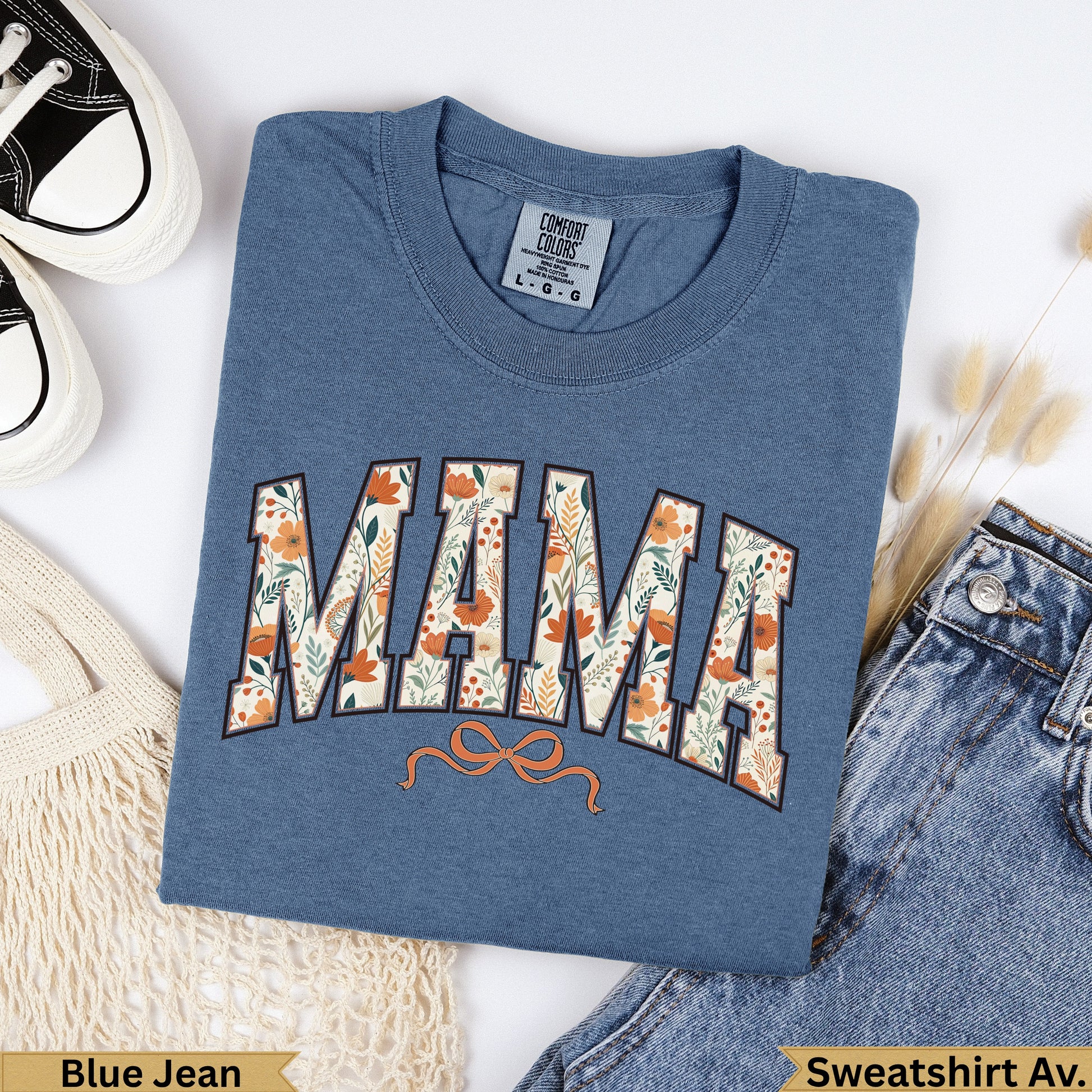 Blue Jean Comfort Colors sweatshirt with "MAMA" in floral lettering.