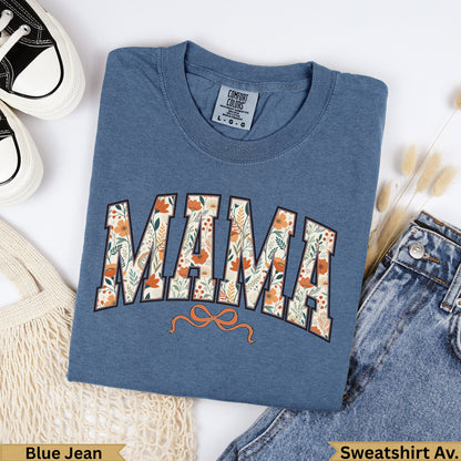 Blue Jean Comfort Colors sweatshirt with "MAMA" in floral lettering.