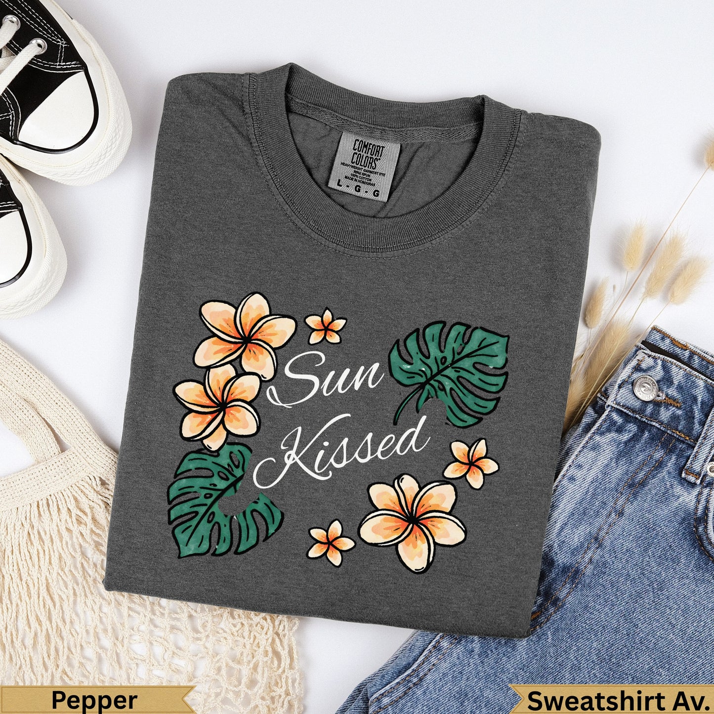 Comfort Colors Pepper sweatshirt with "Sun Kissed" floral graphic.