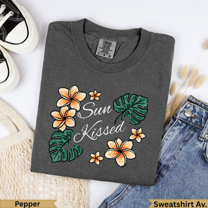 Comfort Colors Pepper sweatshirt with "Sun Kissed" floral graphic.