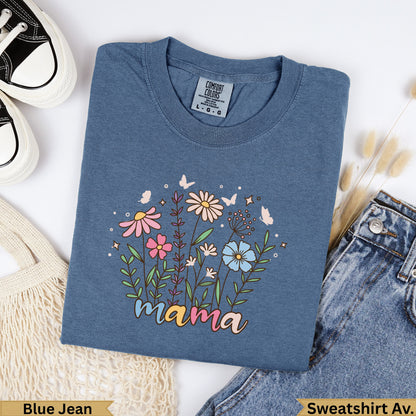 Blue Jean Comfort Colors sweatshirt with "mama" and floral graphic.