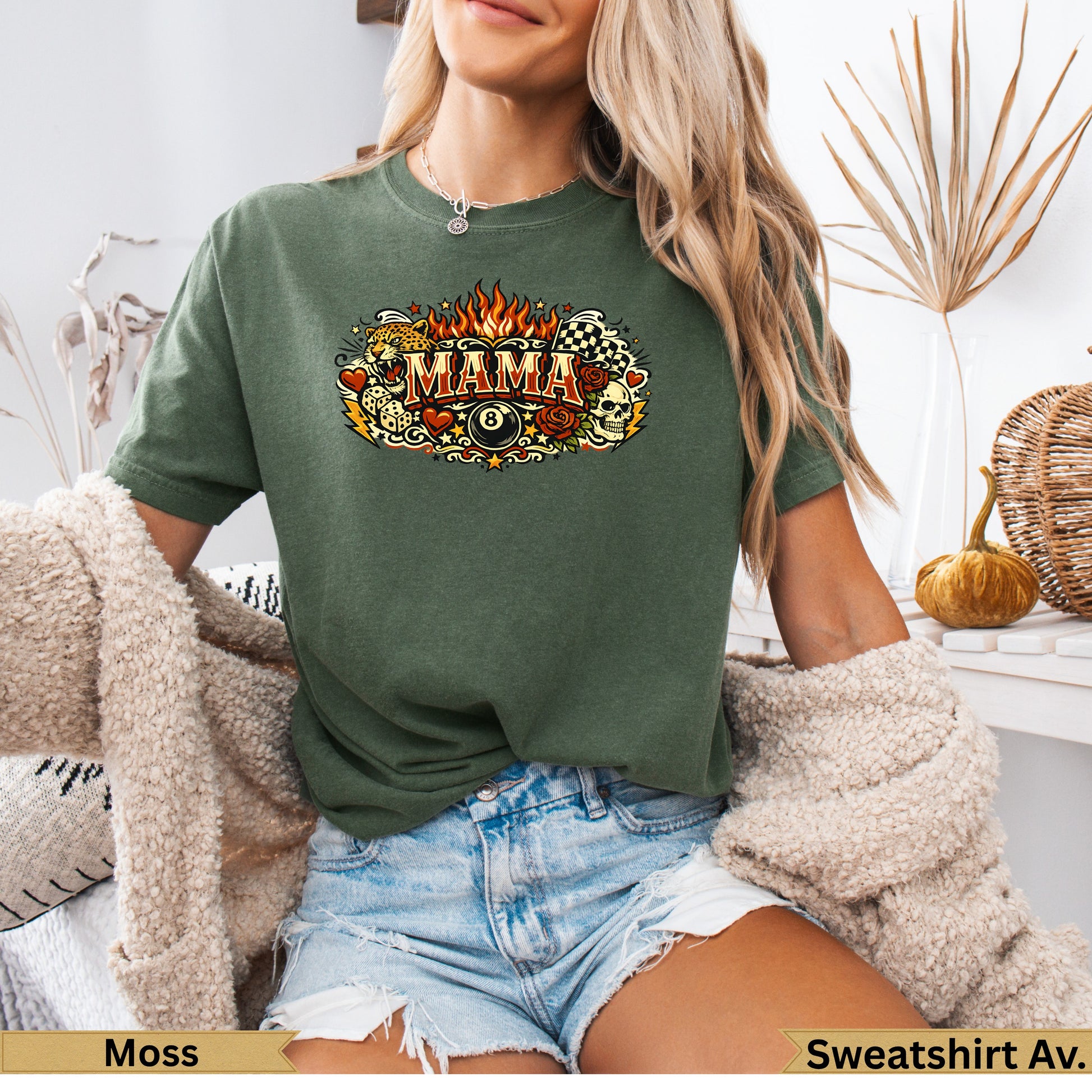 Green t-shirt with "Mama" text and flaming pool ball graphic.
