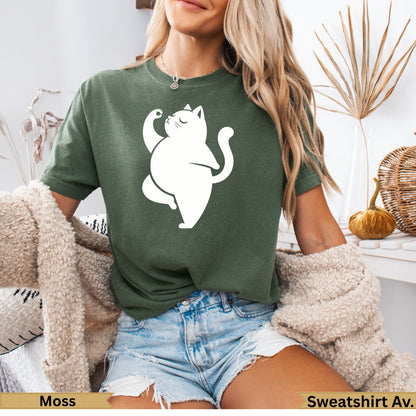 Green t-shirt with white cat doing yoga pose.