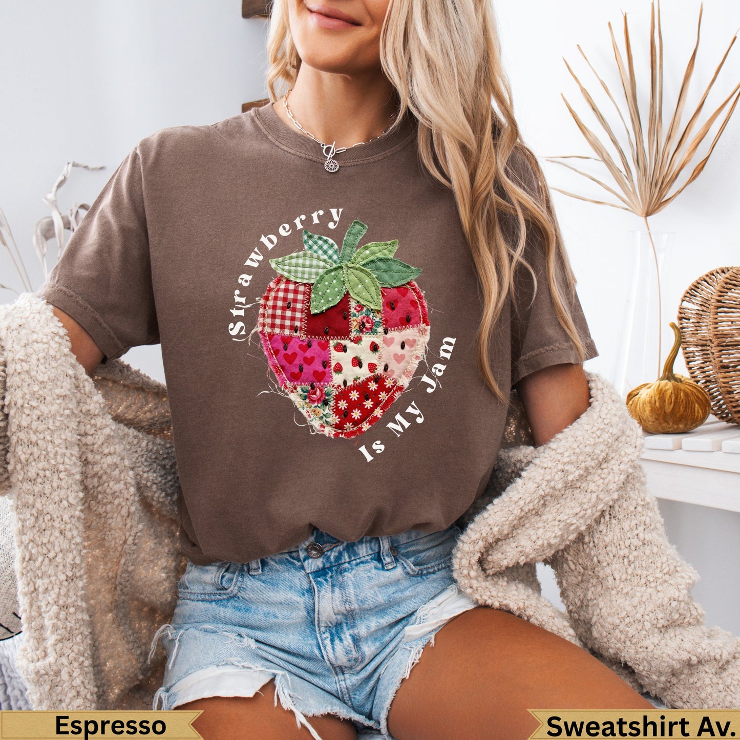 Brown t-shirt with strawberry patch graphic and text "Strawberry Is My Jam".