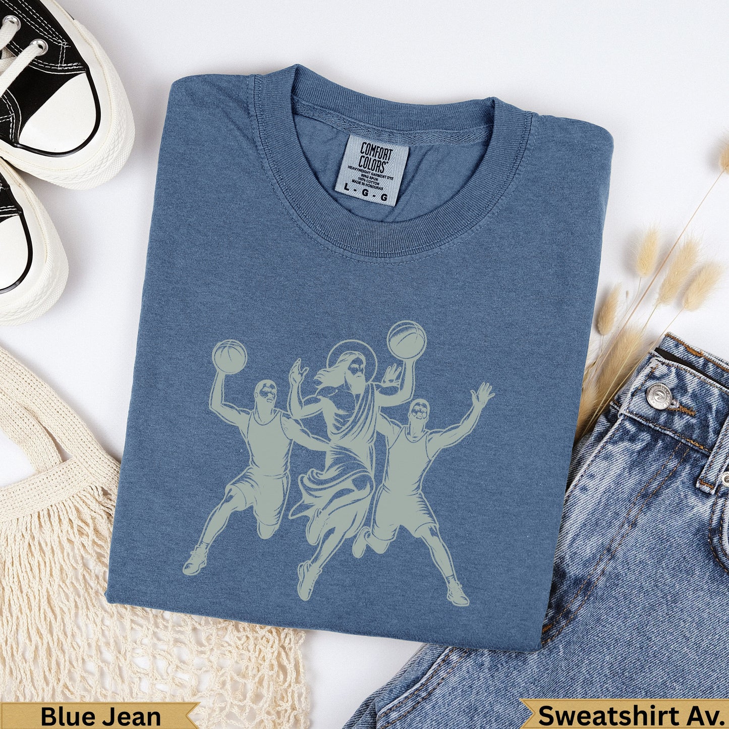 Jesus playing basketball with two players, "Blue Jean Sweatshirt Av."