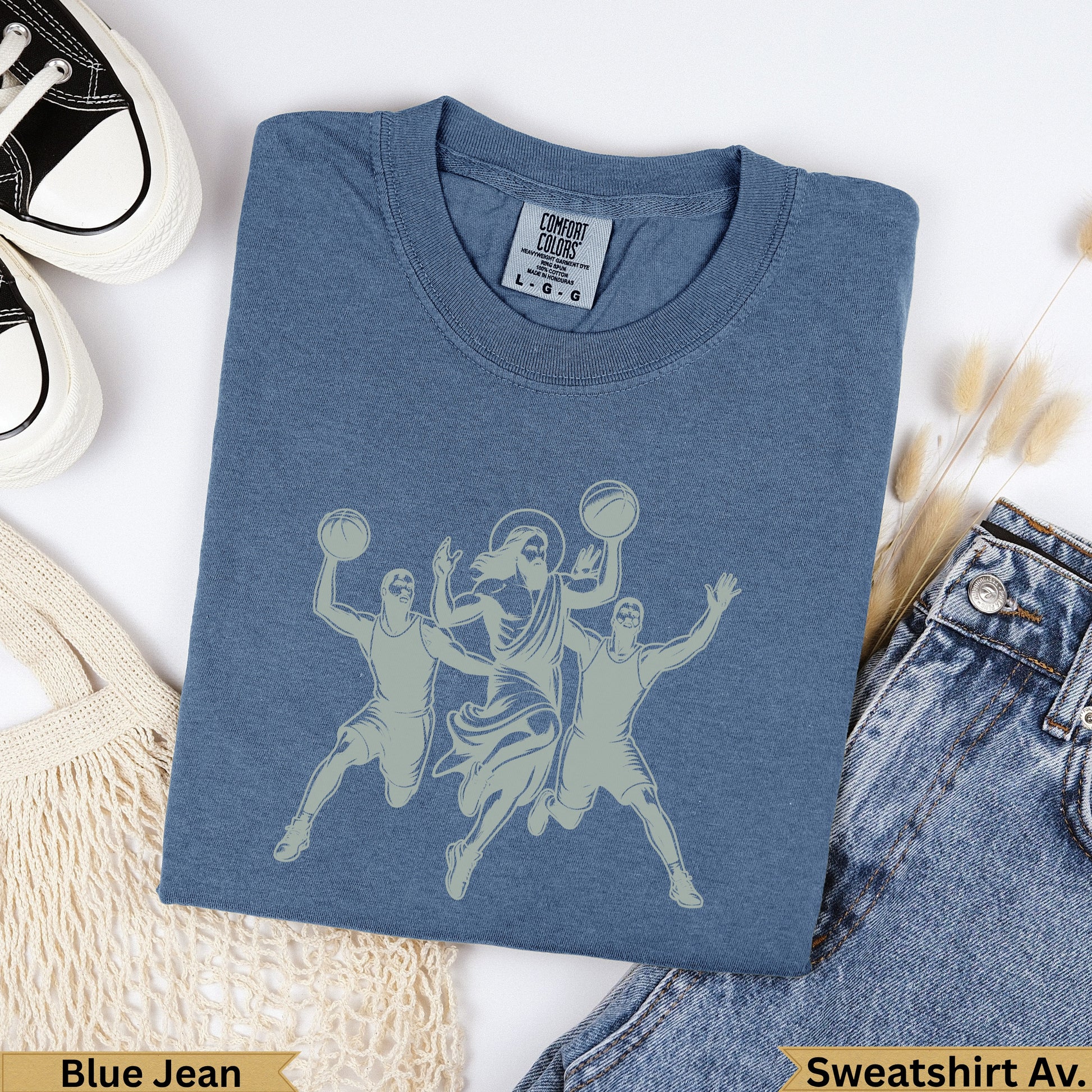 Jesus playing basketball with two players, "Blue Jean Sweatshirt Av."