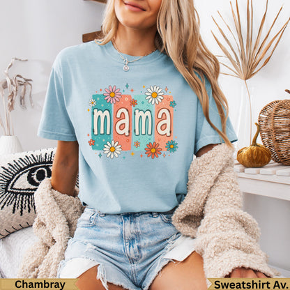 Light blue t-shirt with "mama" text and floral graphic.