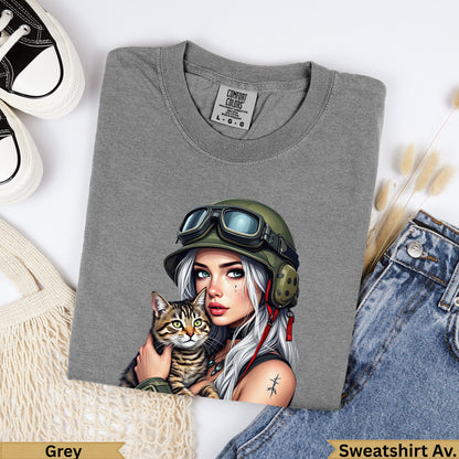 Grey Comfort Colors sweatshirt with military girl holding cat graphic.