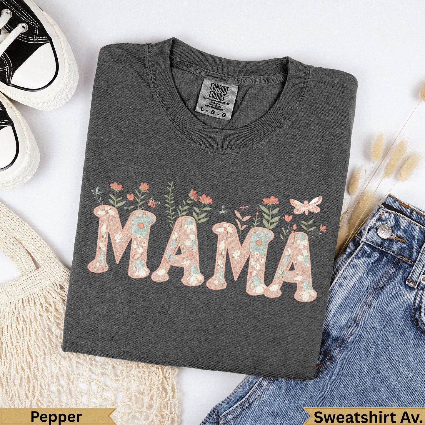 Dark grey t-shirt with "MAMA" in floral letters and butterflies.