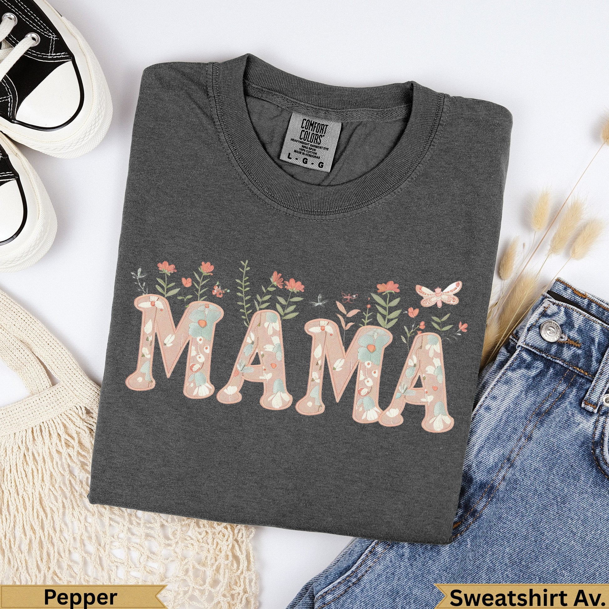 Dark grey t-shirt with "MAMA" in floral letters and butterflies.