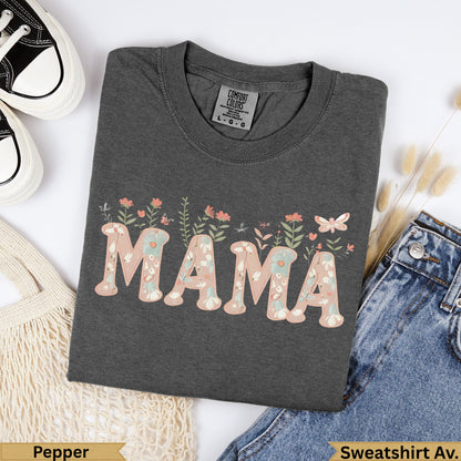 Dark grey t-shirt with "MAMA" in floral letters and butterflies.