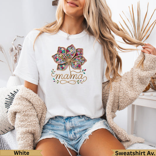 White t-shirt with embroidered colorful flower and "mama" text.