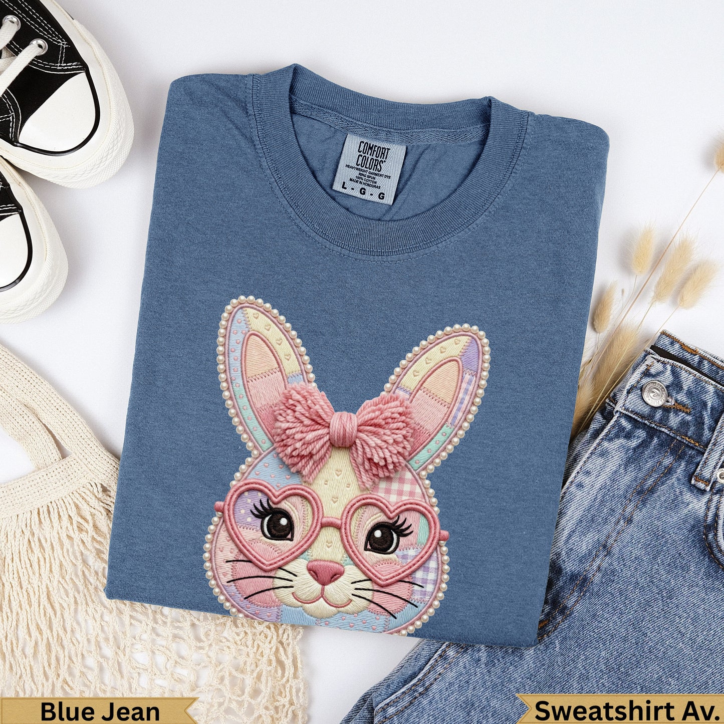 Blue Jean Comfort Colors sweatshirt with embroidered bunny wearing heart-shaped glasses.