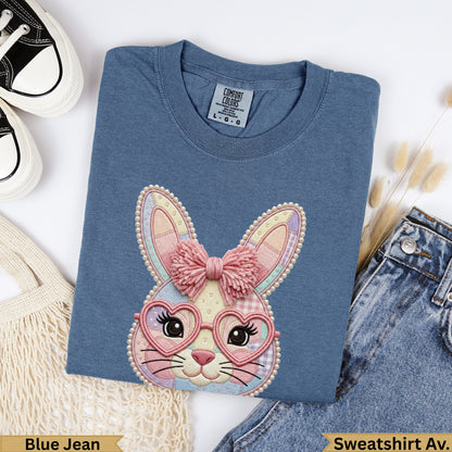 Blue Jean Comfort Colors sweatshirt with embroidered bunny wearing heart-shaped glasses.