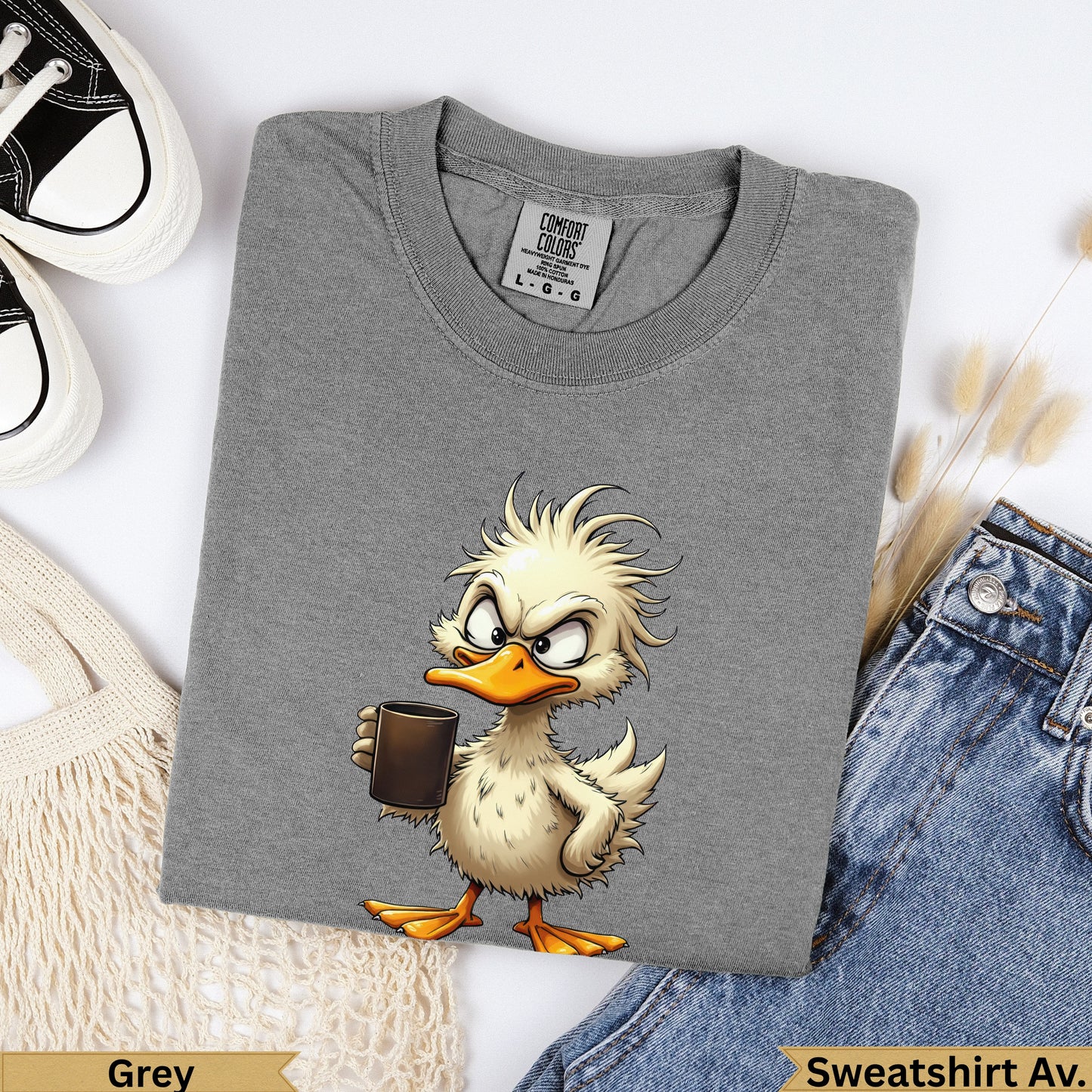 Grey crewneck sweatshirt with cartoon duck holding coffee cup graphic.