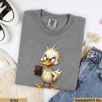Grey crewneck sweatshirt with cartoon duck holding coffee cup graphic.