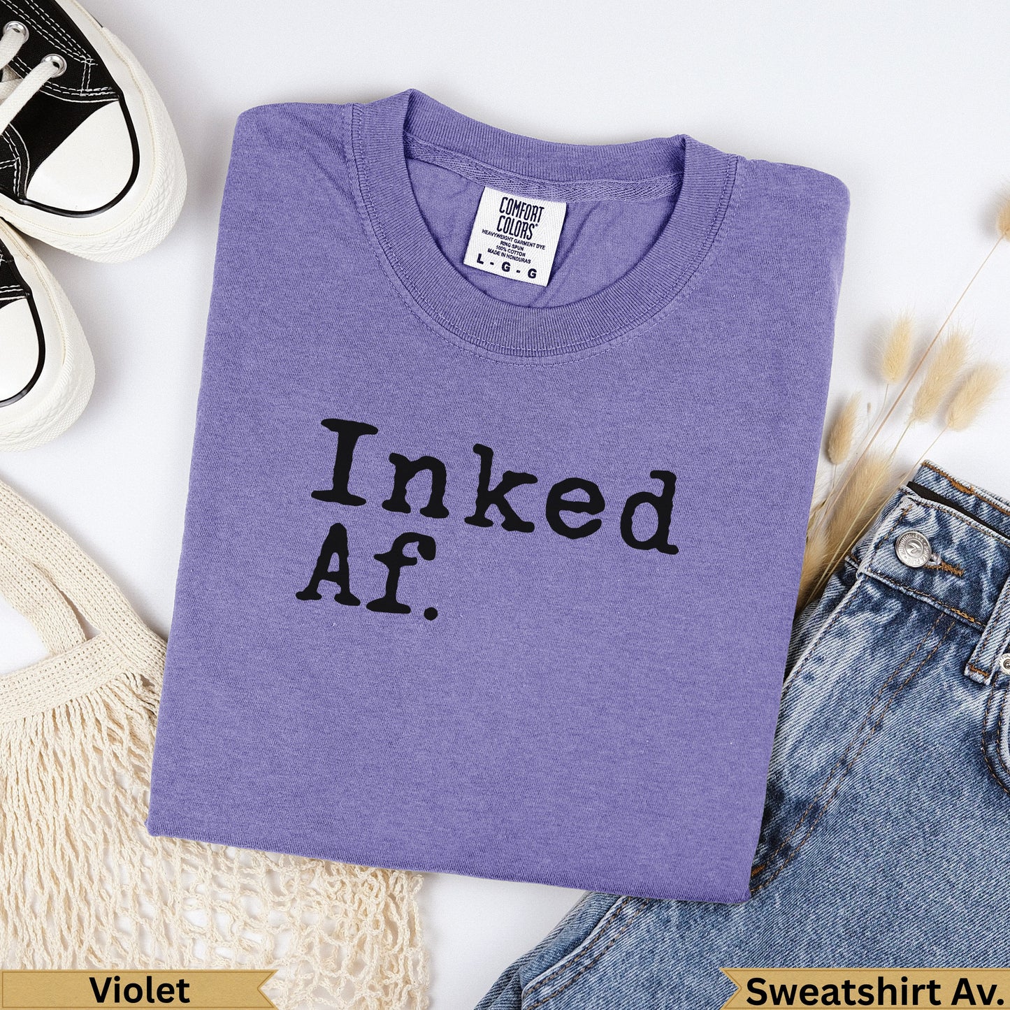 Violet Comfort Colors sweatshirt with "Inked Af." text.