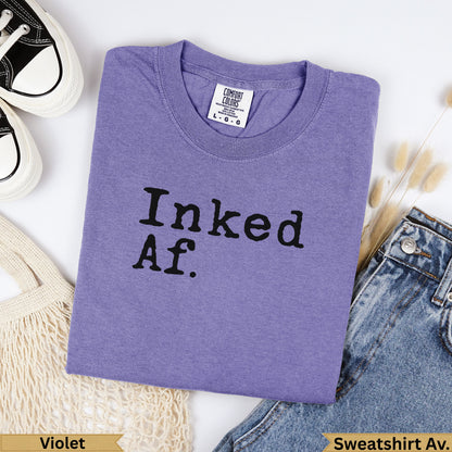 Violet Comfort Colors sweatshirt with "Inked Af." text.