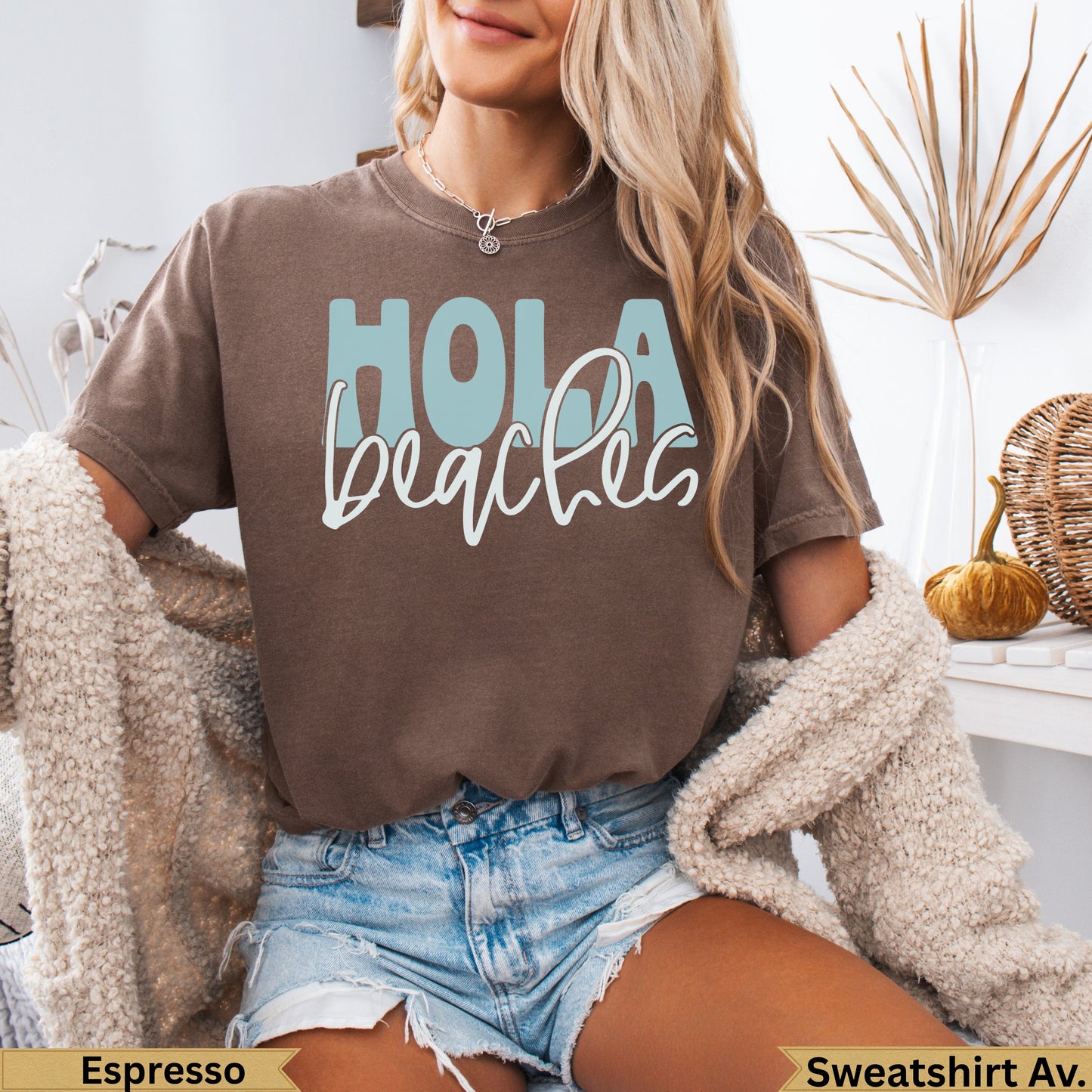 Brown t-shirt with "Hola beaches" in blue and white text.