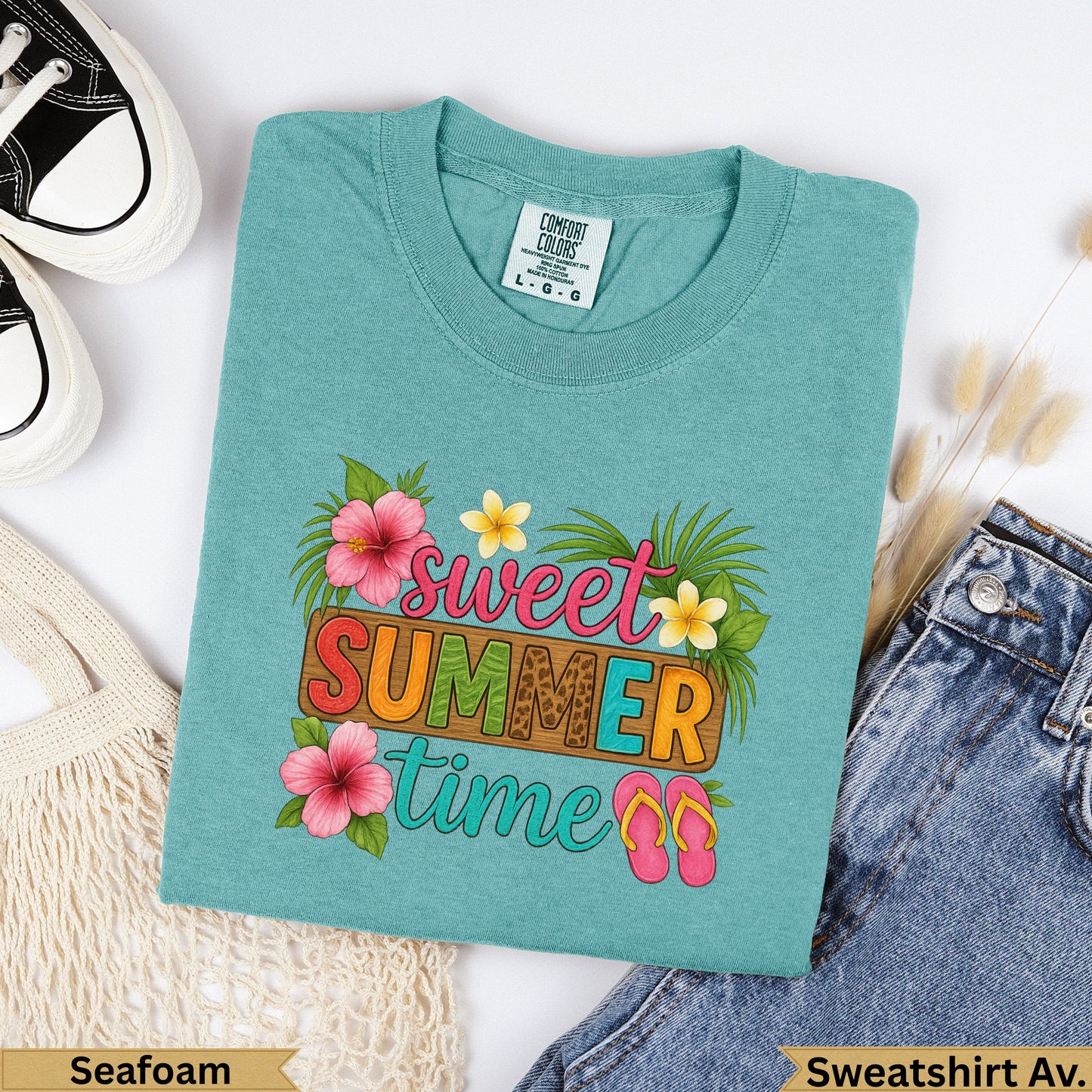 Teal crewneck sweatshirt with "sweet SUMMER time" text and floral accents.